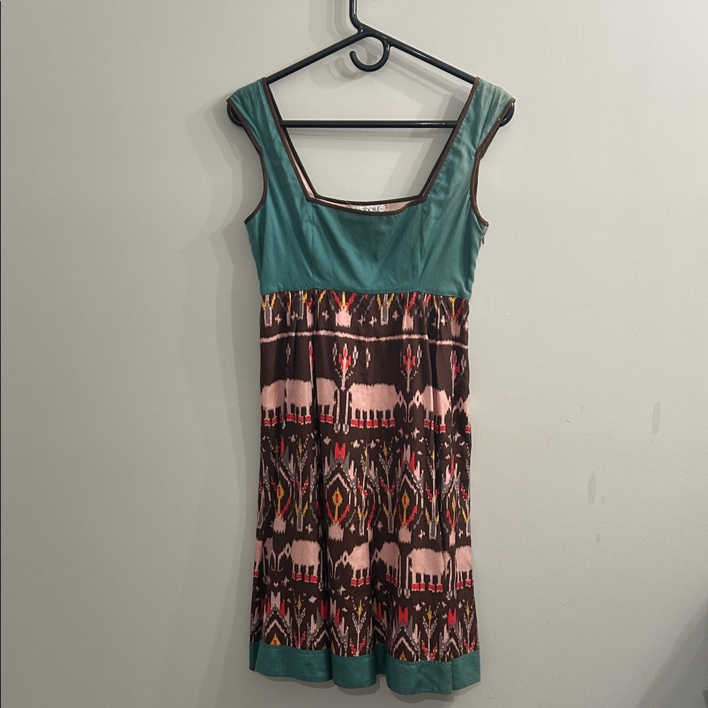 Diodore Women’s Teal Brown Silk Cotton Blend Fall Dress Size 2